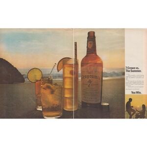 1969 Seagram's 7  Vintage Print Ad Crown Whiskey Summer Beach Sunset Cocktail